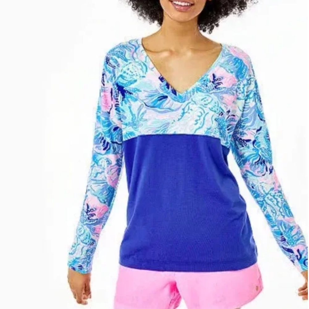 Lilly Pulitzer Finn V-Neck Top Long-Sleeve Small Saltwater Blue Shade Seekers